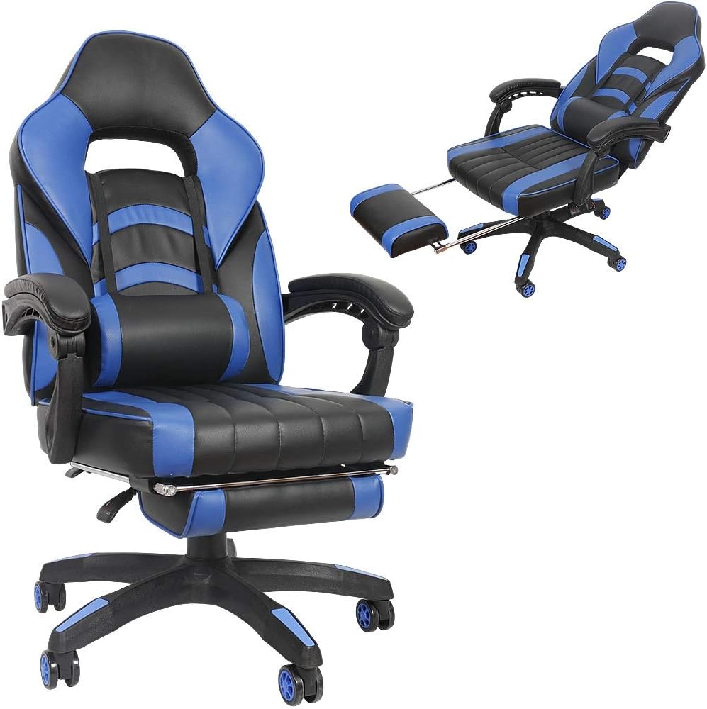 Melko Gamingstuhl Ergonomischer Bürostuhl mit Fussstütze in Schwarz Blau Racing Stuhl Office Schreib