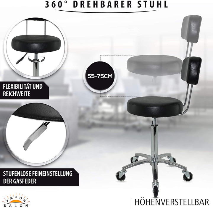 Premium Rollhocker mit Lehne höhenverstellbar von 55 bis 75 cm - Rundsitz - Drehhocker Arbeitshocker