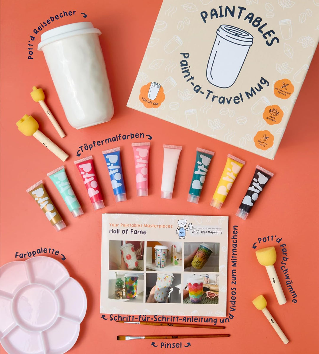Pott’d Paintables Reisebecher zum Bemalen – DIY Keramik-Bemalen-Set für Erwachsene mit Reisebecher,