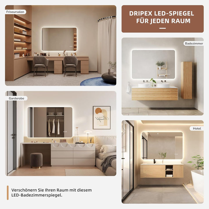 Badezimmerspiegel Led Badspiegel, Rechteckig, Touch-Schalter, Dimmbar, 3 Lichtfarbe Einstellbare Spi