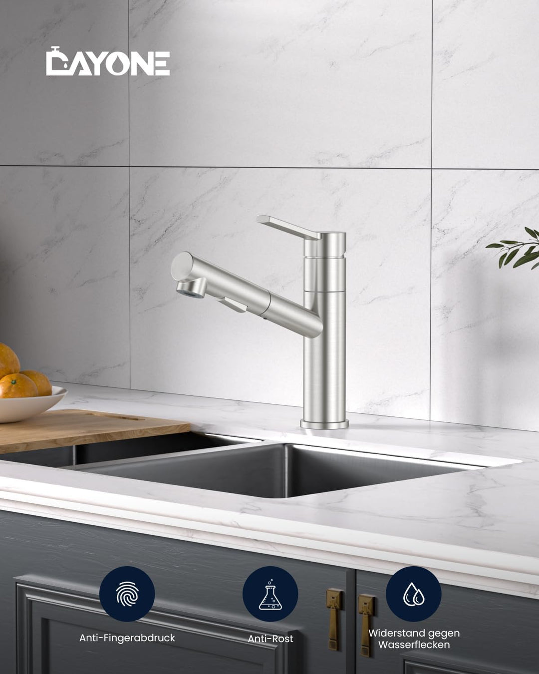 DAYONE Küchenarmatur mit Ausziehbarer Brause, SUS304 Edelstahl Hochdruck Wasserhahn Küche, Spültisch