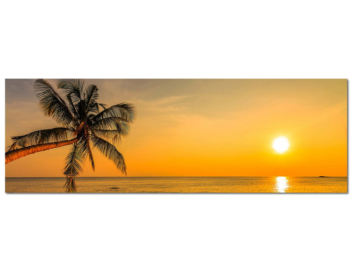 Panoramabild auf Leinwand und Keilrahmen 120x40cm Strand Meer Palme Sonnenuntergang