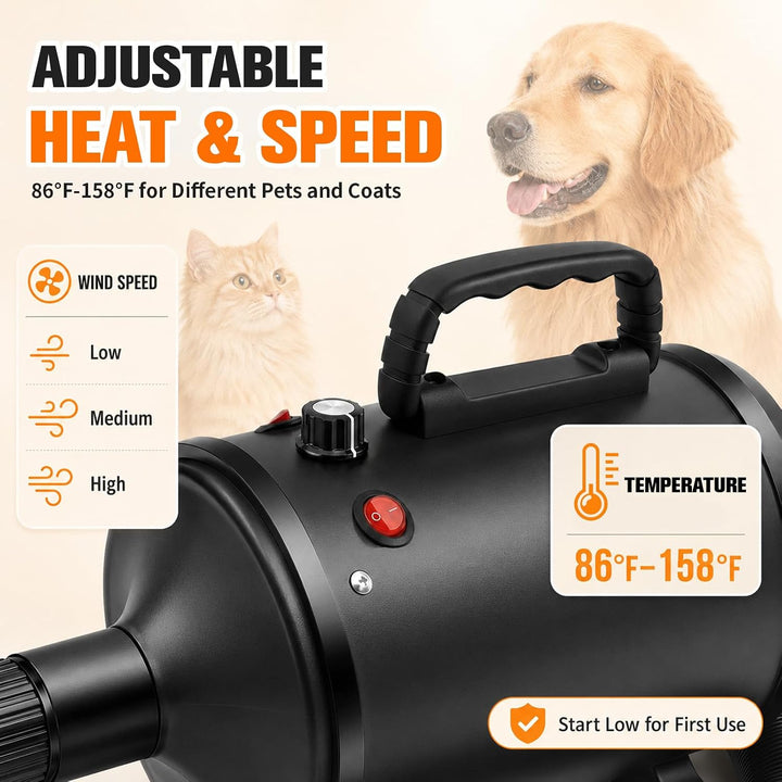 4500W Hundefön Blower Sehr Leise - Pet Dryer Hundetrockner Blower mit Einstellbarer Windgeschwindigk