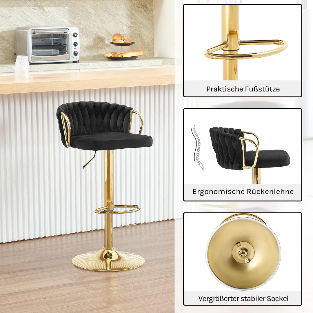 WOLTU Barhocker 2er Set, mit geflochtener Lehne, Samtstuhl, Schwarz