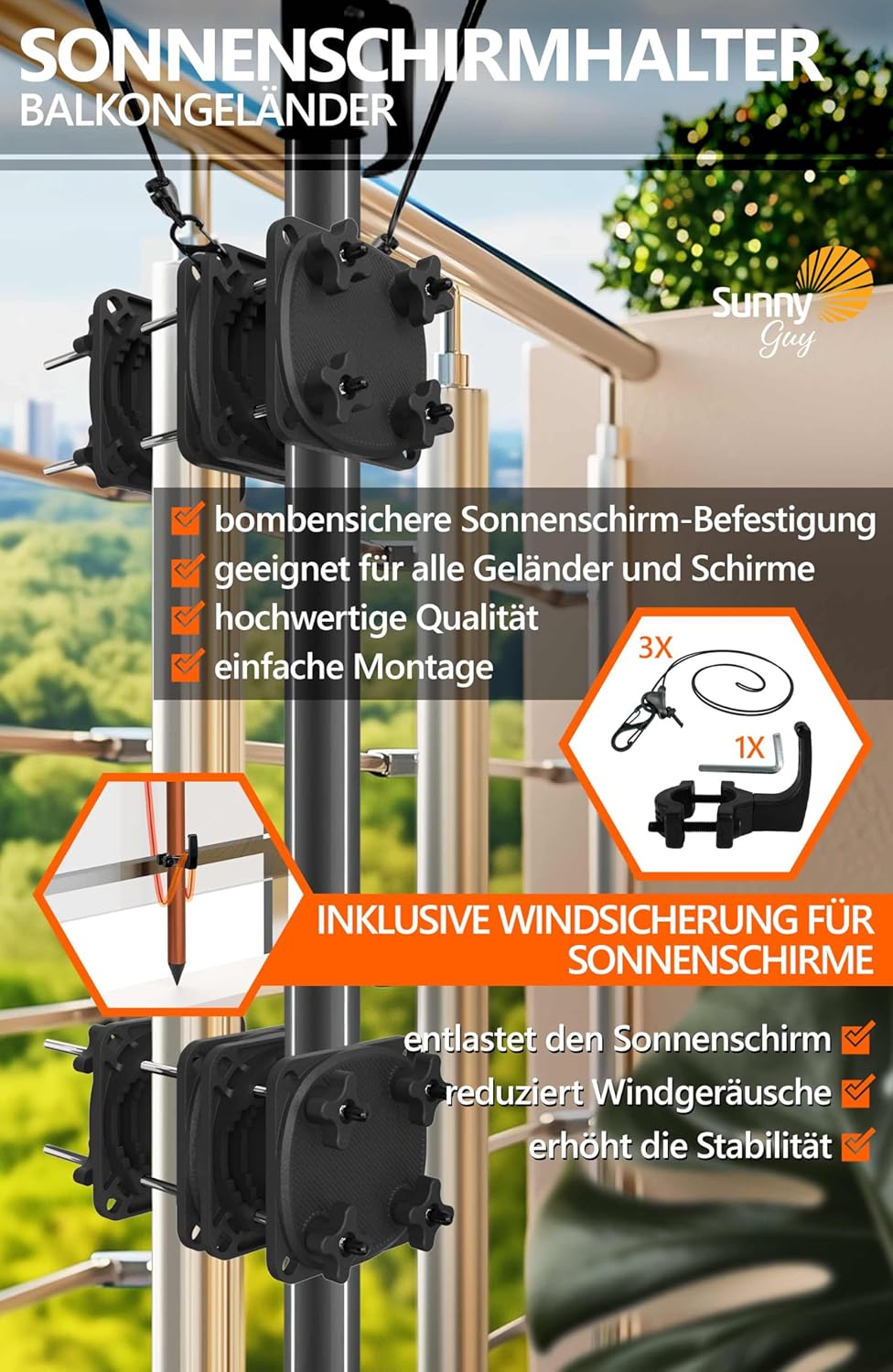 4smile 2 x Sonnenschirmhalter Balkongeländer SunnyGuy 2.0 mit Windsicherung, schwarz Stabiler univer
