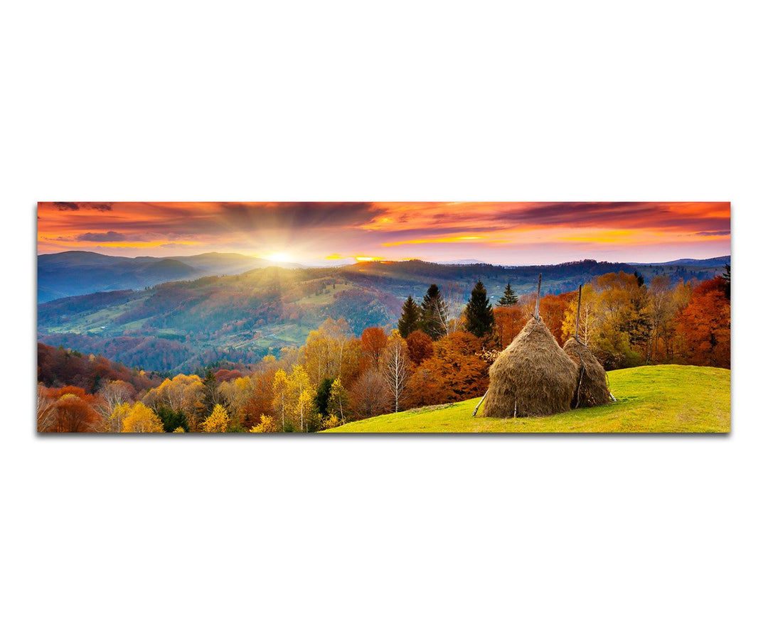 Paul Sinus Art Panoramabild auf Leinwand und Keilrahmen 120x40cm Wald Berge Wiese Herbst Sonnenunter