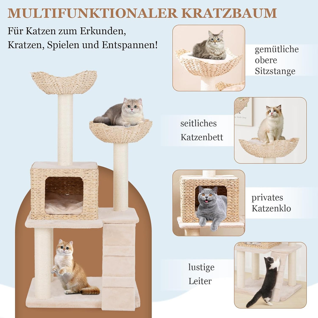 COSTWAY Kratzbaum mit Katzenhöhle, 122 cm, Katzenbaum mit 2 Sitzstangen und Kissen & Höhle aus Rohrk