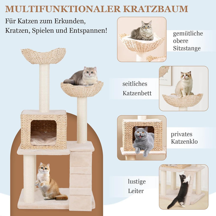 COSTWAY Kratzbaum mit Katzenhöhle, 122 cm, Katzenbaum mit 2 Sitzstangen und Kissen & Höhle aus Rohrk