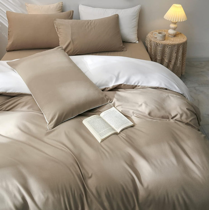 Damier Bettwäsche 155×220cm Beige Weiss Superweiches Microfaser Bettbezug Set 2 Teilig Wendebettwäsc