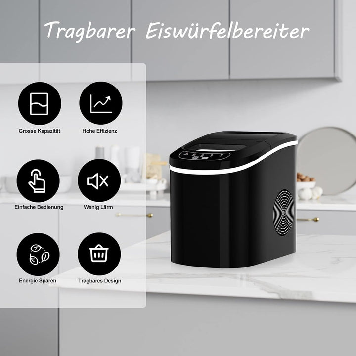 RELAX4LIFE Eiswürfelmaschine, Eismaschine mit Eiswürfelschaufel & Eiskorb, 12 kg in 24 Std, 9 Eiswür