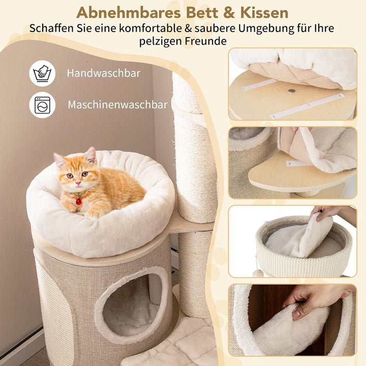 COSTWAY Kratzbaum, Katzenbaum mit 2-stöckiger Kratztonne, Hängematte, abnehmbarem Bett, Sisalbrett,
