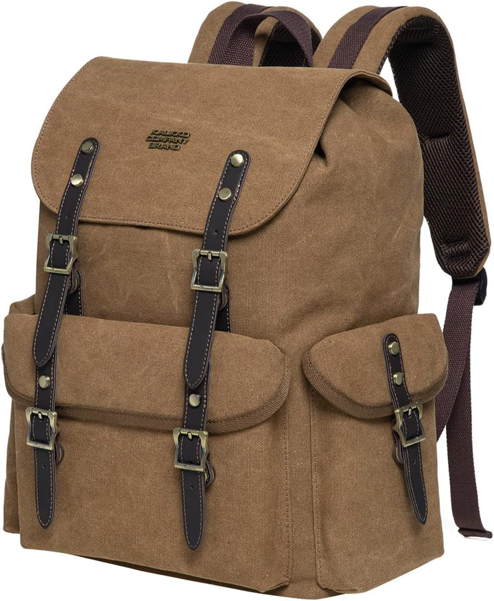 KAUKKO Canvas Retro Rucksack Damen Herren, Vintage Jagdrucksack Wanderrucksack mit 14 Zoll Laptopfac
