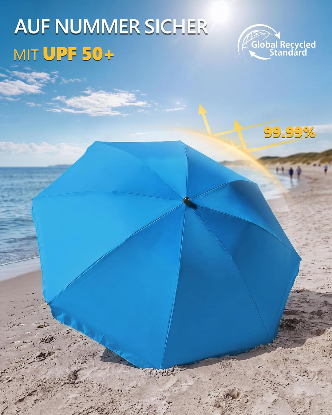4smile Sonnenschirm Strand SunnyJoy 3-IN-1-SET, Fb. Blau - Strandschirm Ø 180 cm + Bodenhülse + Schu