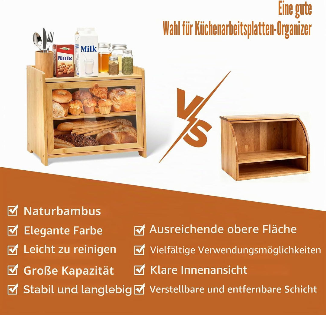 2 Etagen Bambus Brotkasten, Gross, Brotbox, Doppelstöckig Mit Sichtfenster, Belüftung, Seitlichen Gr