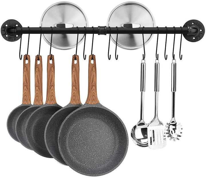 Toplife Hakenleiste Küche 80 cm, schwarze Hängeleiste mit 14 Haken, Stange für Küchenutensilien, 80