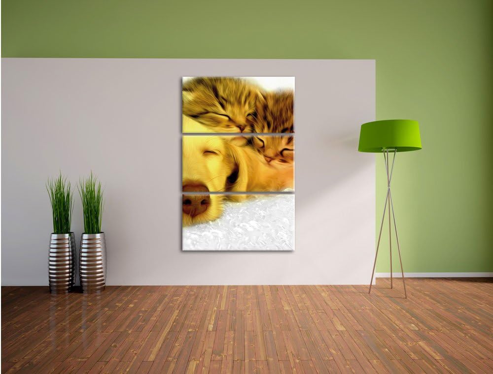 Pixxprint Welpe kuschelt mit süssen Kätzchen als Leinwandbild/Grösse: 3 Teilig (120x80) cm/Wandbild/