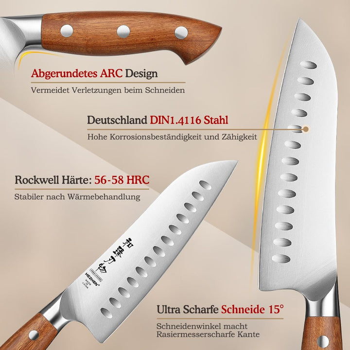 HEZHEN Rostfreier Stahl Santokumesser German 1.4116 Stahl Kochmesser, Geschmiedet Japanischer Stil G