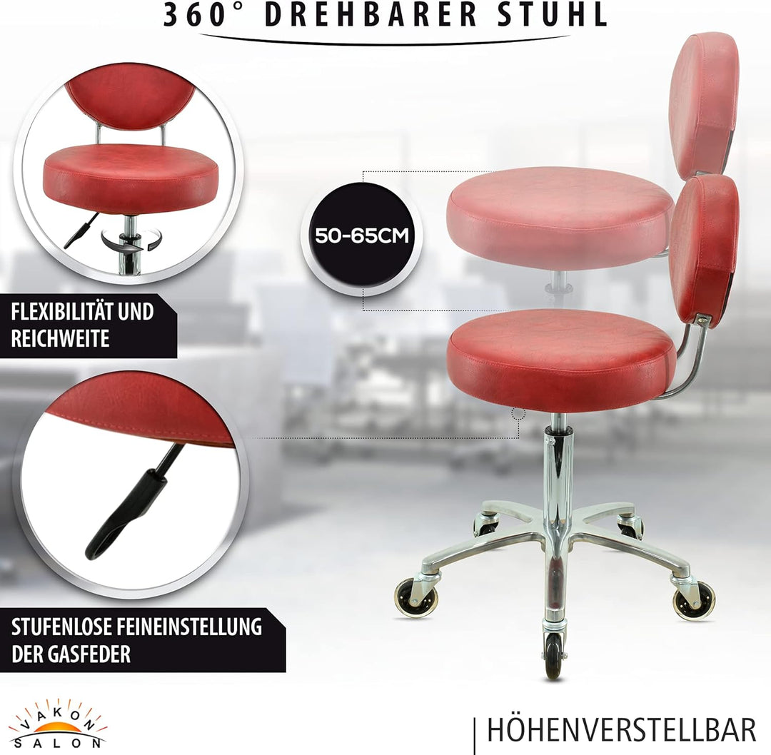 Premium Rollhocker Rot mit ovaler Lehne höhenverstellbar von 50 bis 65 cm - Rundsitz- Drehhocker Arb