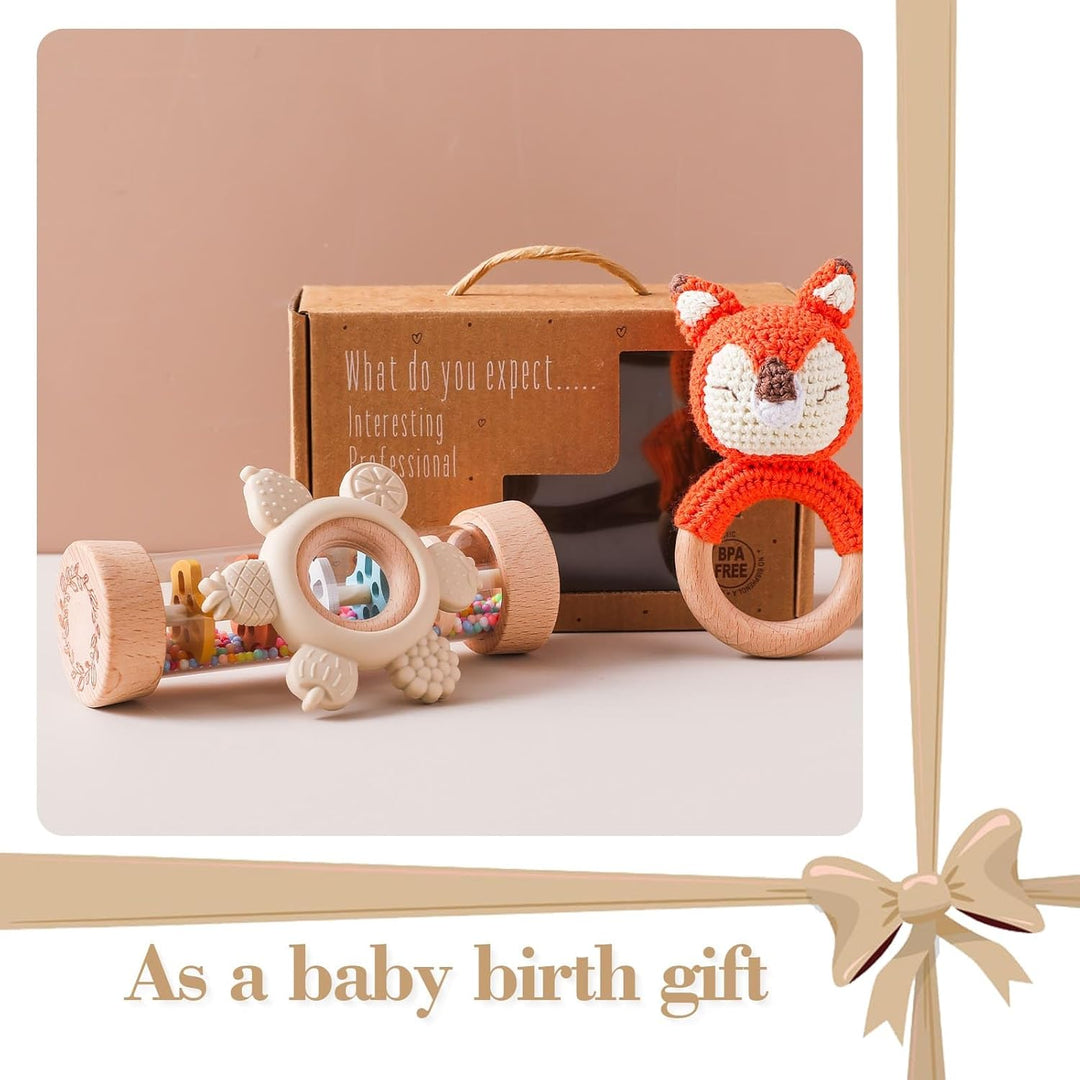 AURÉLIE & CO. Baby Rassel & Greifling Set Fuchs – 3-tlg. Montessori Holzspielzeug Geschenkset zur Ge