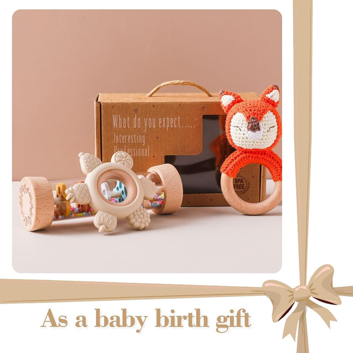 AURÉLIE & CO. Baby Rassel & Greifling Set Fuchs – 3-tlg. Montessori Holzspielzeug Geschenkset zur Ge