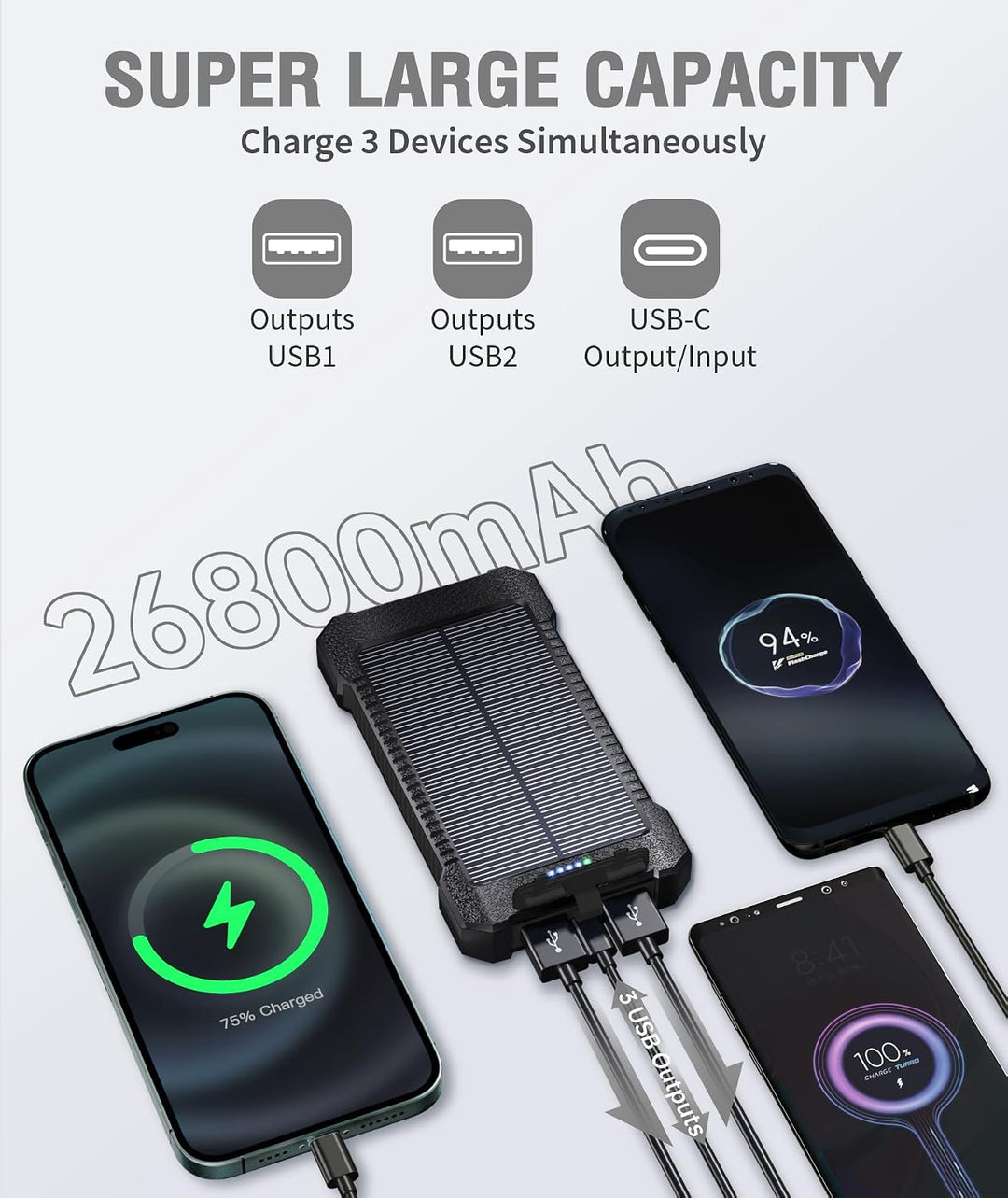 Solar Powerbank 26800 mAh mit Saugnapfhalterung, Powerbank Externe Akkus 3 USB Anschlüsse mit Tasche