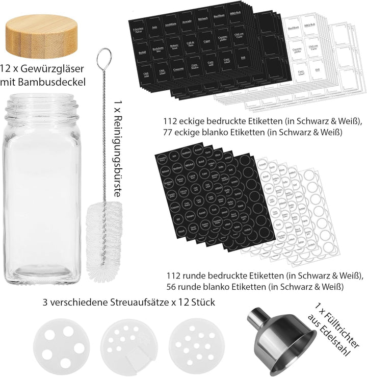 VonBueren Gewürzgläser eckig leer mit Bambusdeckel | Set mit 12 x 120 ml | Gewürzbehälter mit Streue