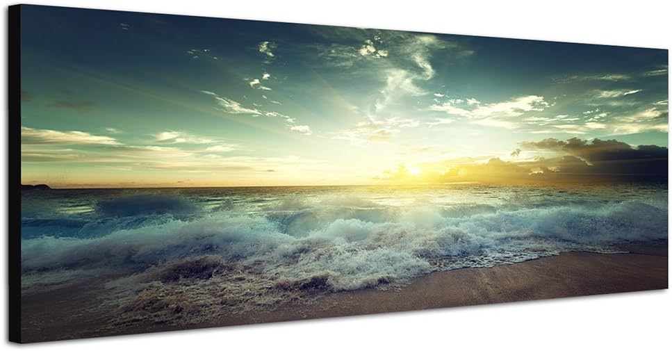 Paul Sinus Art Panoramabild auf Leinwand und Keilrahmen 150x50cm Seychellen Strand Meer Brandung Abe