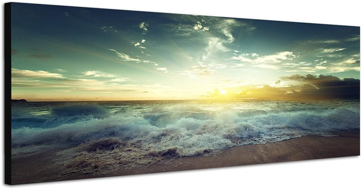 Paul Sinus Art Panoramabild auf Leinwand und Keilrahmen 150x50cm Seychellen Strand Meer Brandung Abe