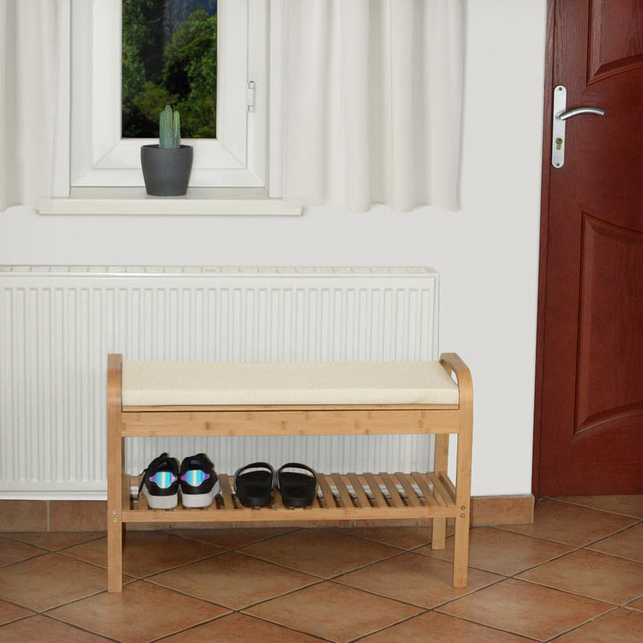 Bambus Schuhregal, Schuhregal aus Bambus mit Sitzbank, Schuhbank mit Sitzkissen, Sitzbank mit einer