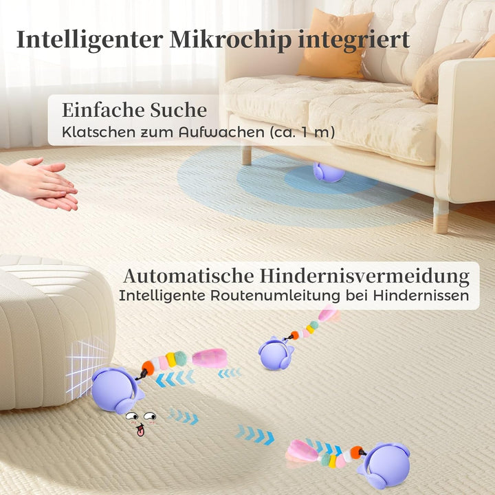 GoldenSun Katzenspielzeug, Automatisch Rollender Ball mit Federschwanz für Hauskatzen, Bewegungsakti
