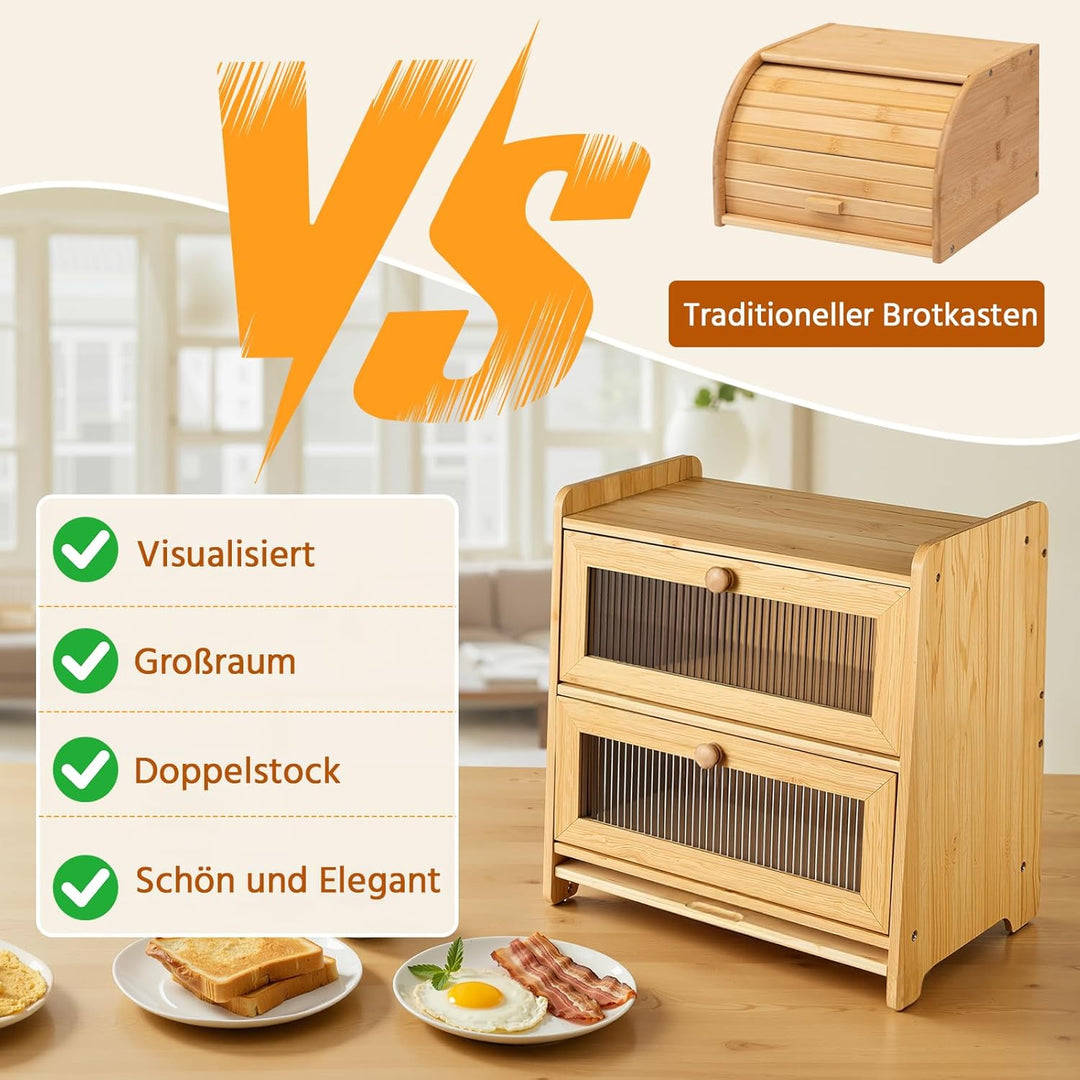HAUSPROFI Brotkasten Bambus 2 Etagen, Brotkästen Holz mit Schneidebrett Belüftung Gewelltes Sichtbar