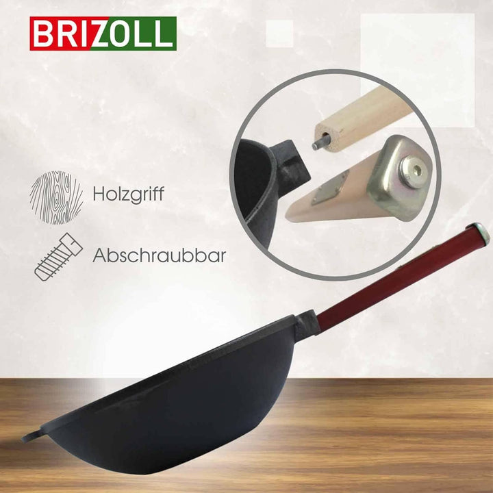 Wok Bratpfanne Ø26 cm 2,8 L aus Gusseisen mit Holzgriff Glasdeckel Asia Wokpfanne Induktion Pfanne 2