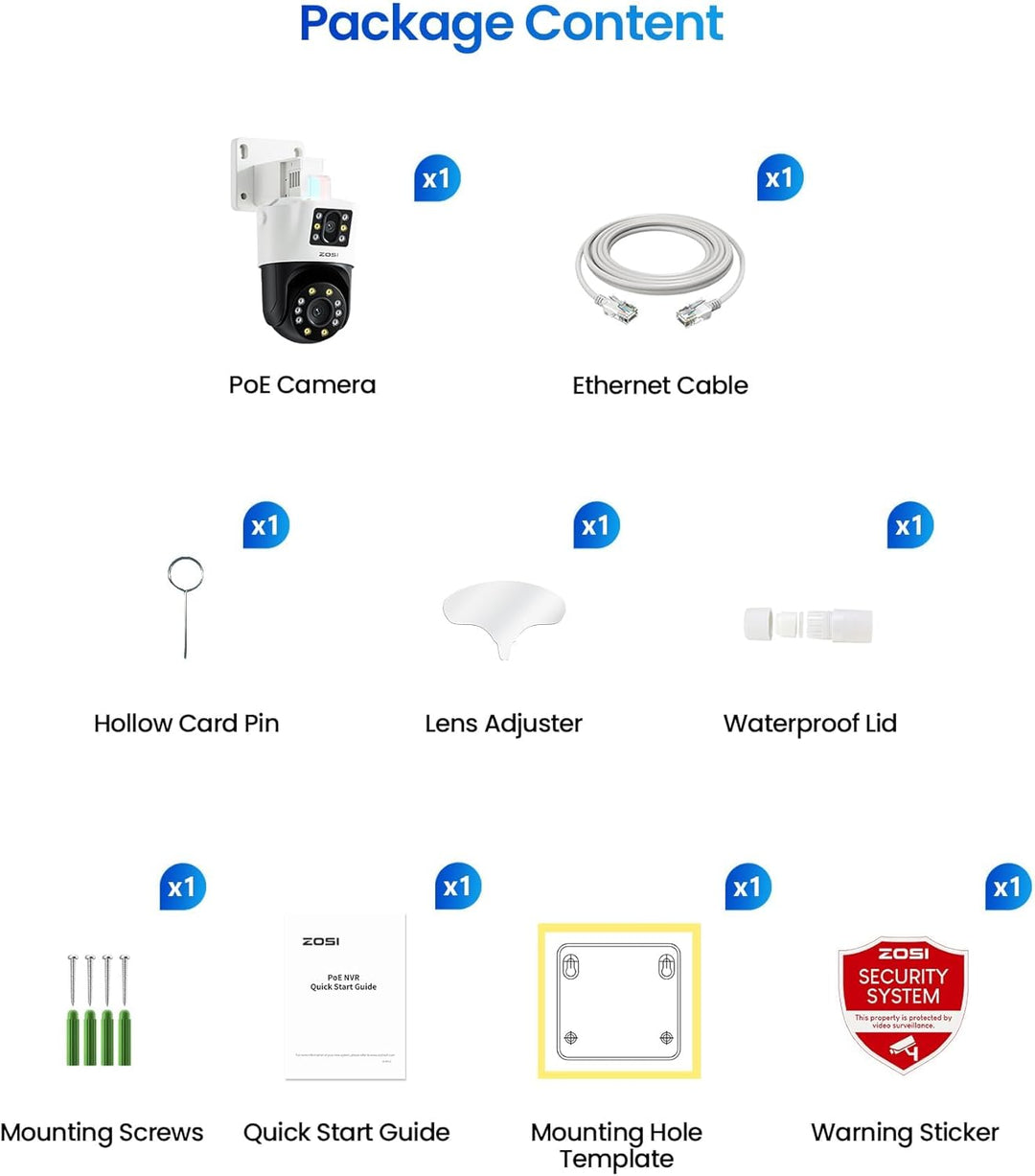 ZOSI 8MP PoE Doppelobjektiv Überwachungskamera (4MP+4MP), 360° Pan/Tilt Aussen Kamera, KI Personener