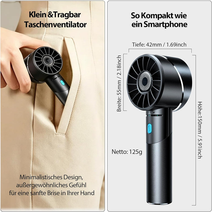 Handventilator Akku Aufladbar, Mini Stark Ventilator mit 7000 rpm Hohe Geschwindigkeit, Kleiner Meta