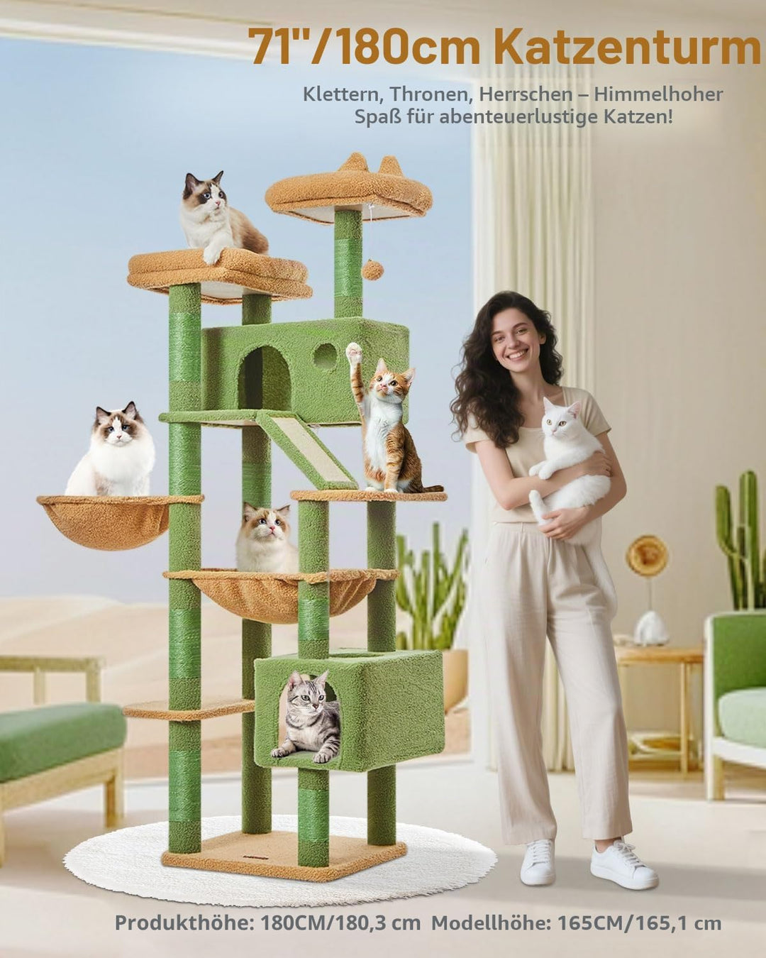 Taoqimiao 180CM Kratzbaum Gross, Katzenbaum Katzen Kratzbaum Grosse Katzen Stabil mit 2 Katzenhaus,