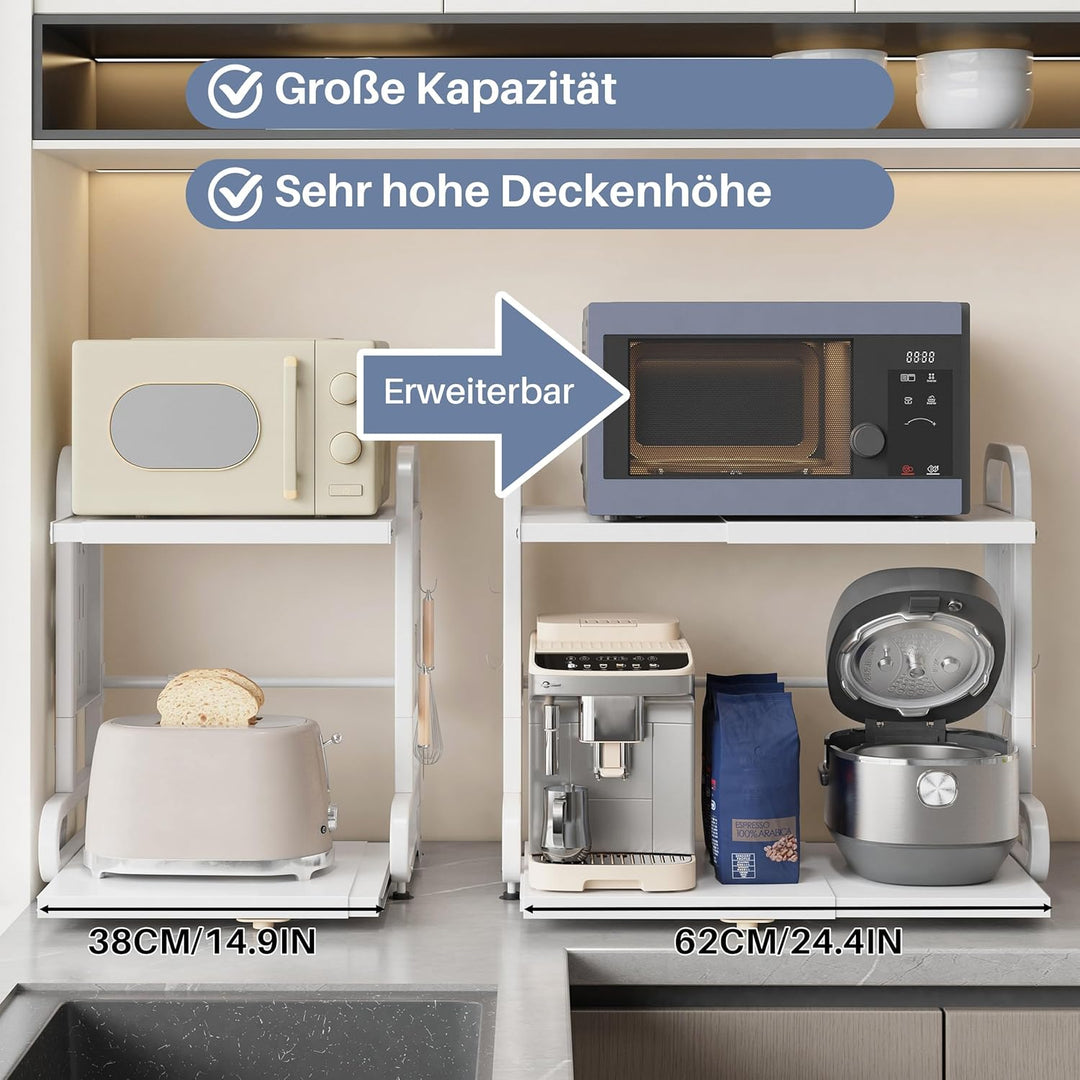 Ausziehbares Mikrowellenregal mit Schublade, 2-stöckiges Mikrowellenregal mit 6 Metallhaken, Airfrye