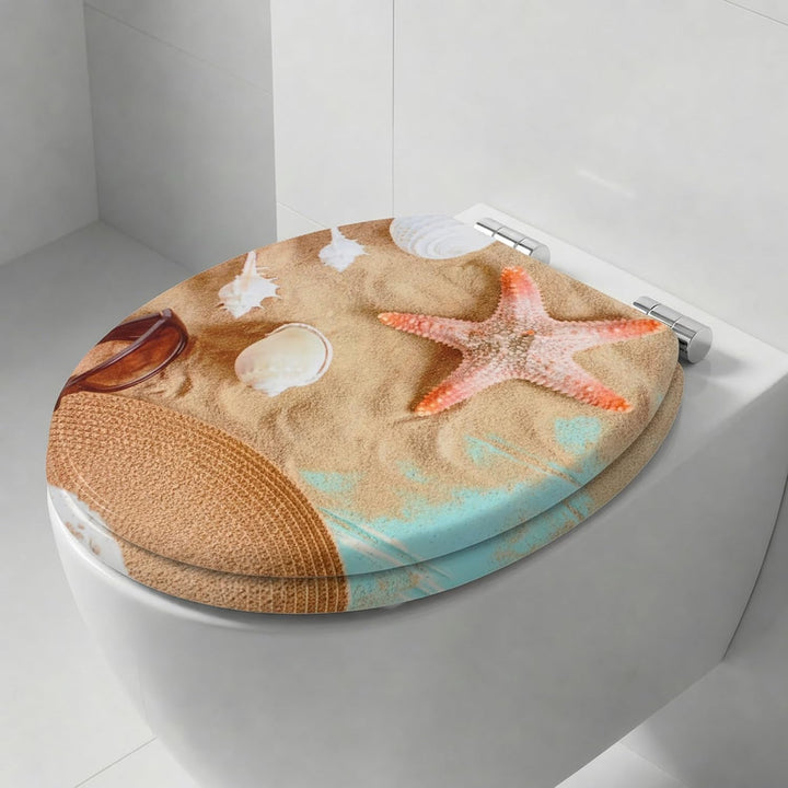SINOBATH WC Sitz mit Absenkautomatik, Hochwertige und Stabile Qualität aus Holz Muscheln Vom Strand.