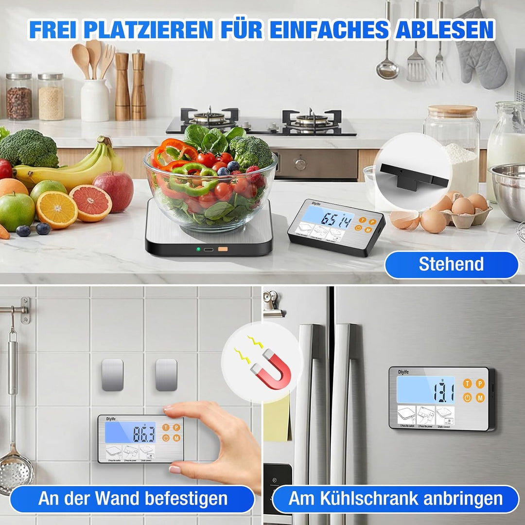 Diyife Küchenwaage Digital Geteilt, Edelstahl 1g/15Kg Haushaltswaage, USB-Aufladung und Batteriebetr
