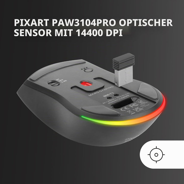Mars Gaming MM‑T3, Ultralight Kabellose Maus, Bluetooth 5.0 + 2.4 GHz + Kabel, Optischer Sensor PIXA