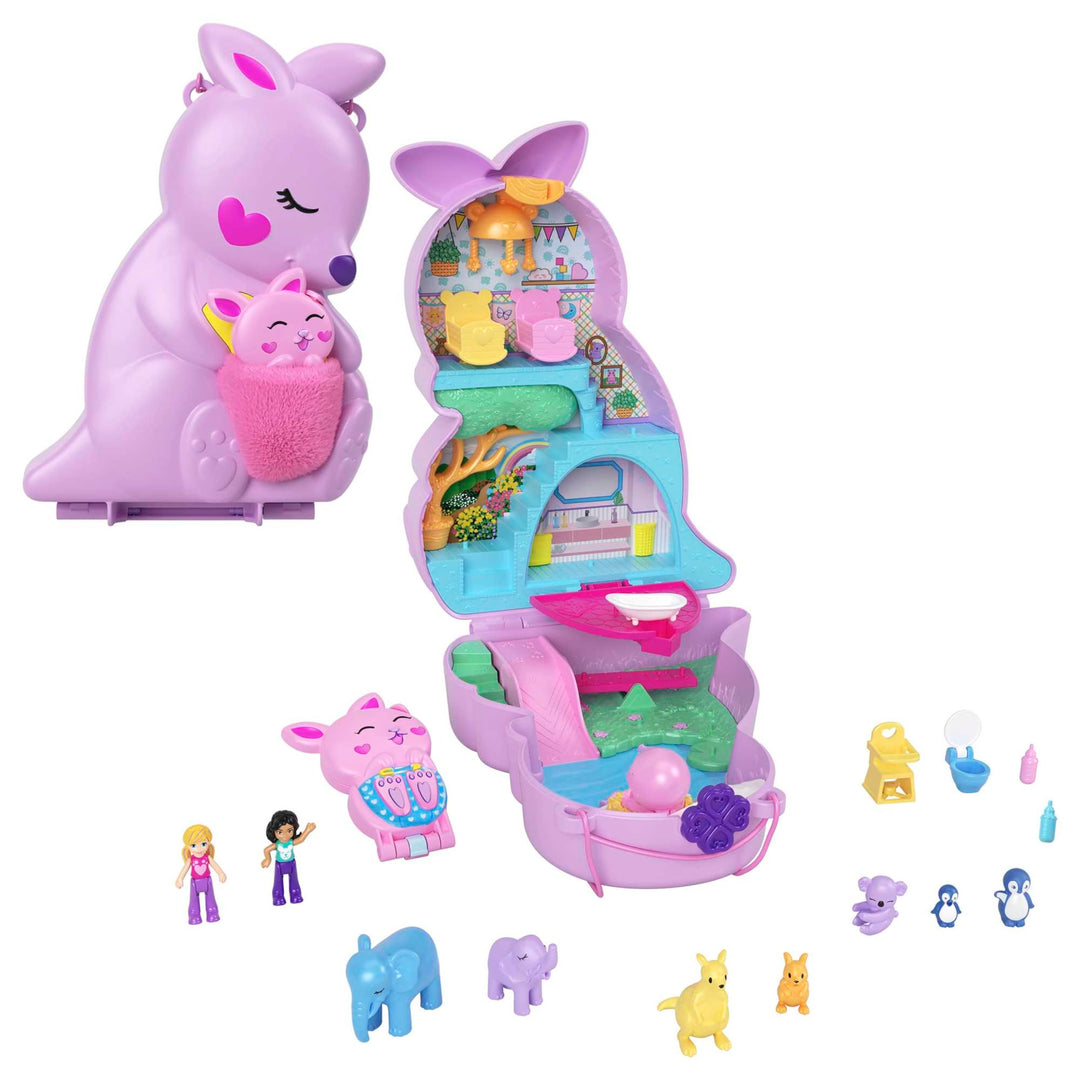 Polly Pocket Mama und Joey Känguru Tasche - 2-in-1-Spielset mit Tierkinderzimmer, 2 Puppen, 7 Tieren