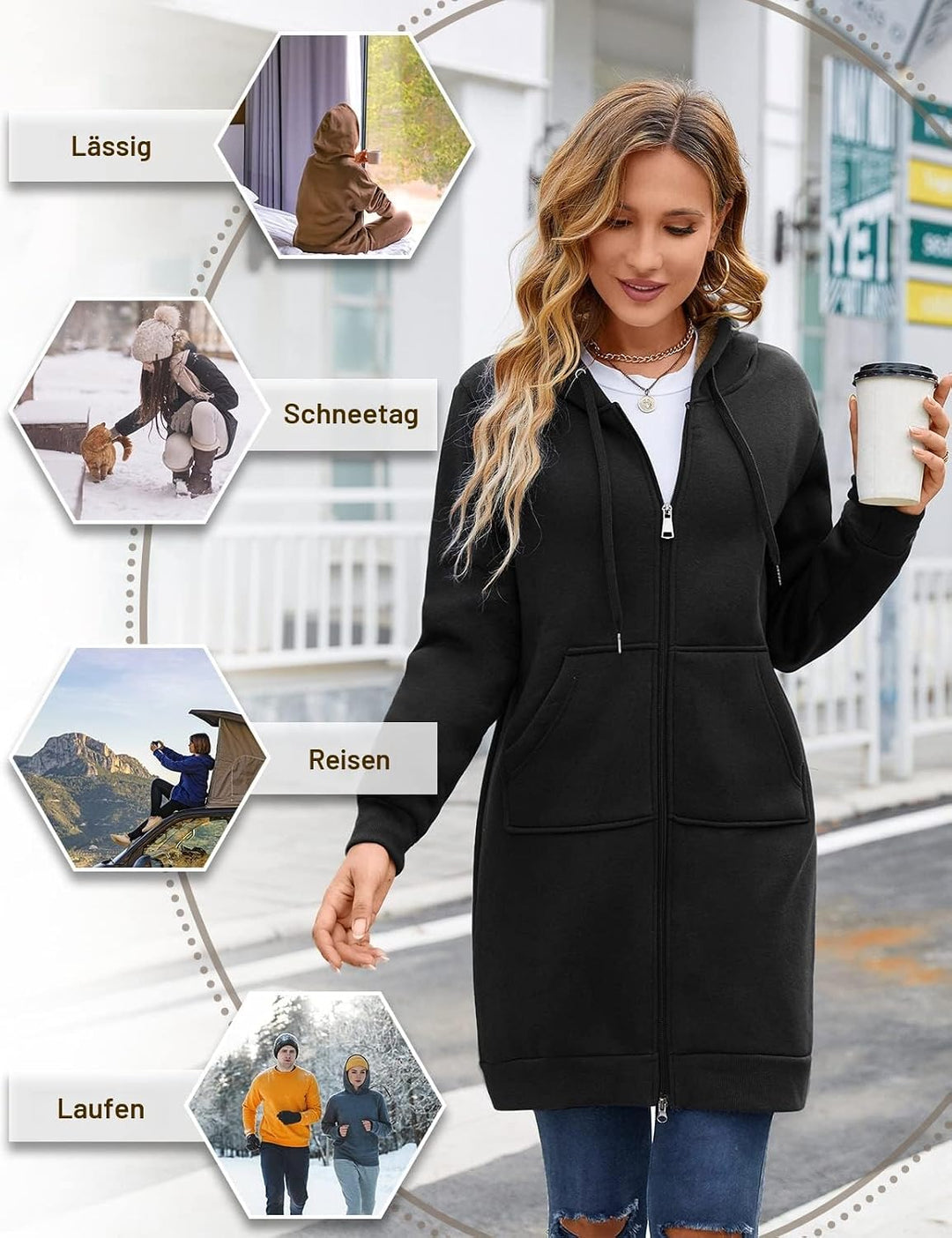 RITOSTA Damen Hoodie Fleecejacke Kapuzenjacke mit Zip Winterjacke Lang Sweatjacke Warme Plüschjacke