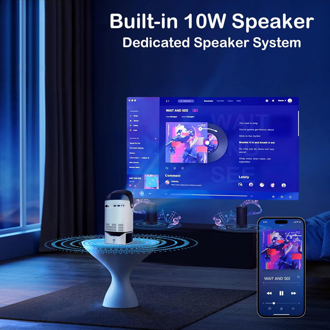 Smart Beamer, Tragbarer Projektor with WiFi & Bluetooth 5.4, 1080P Video Proyector 600 ANSI Lumen, 1