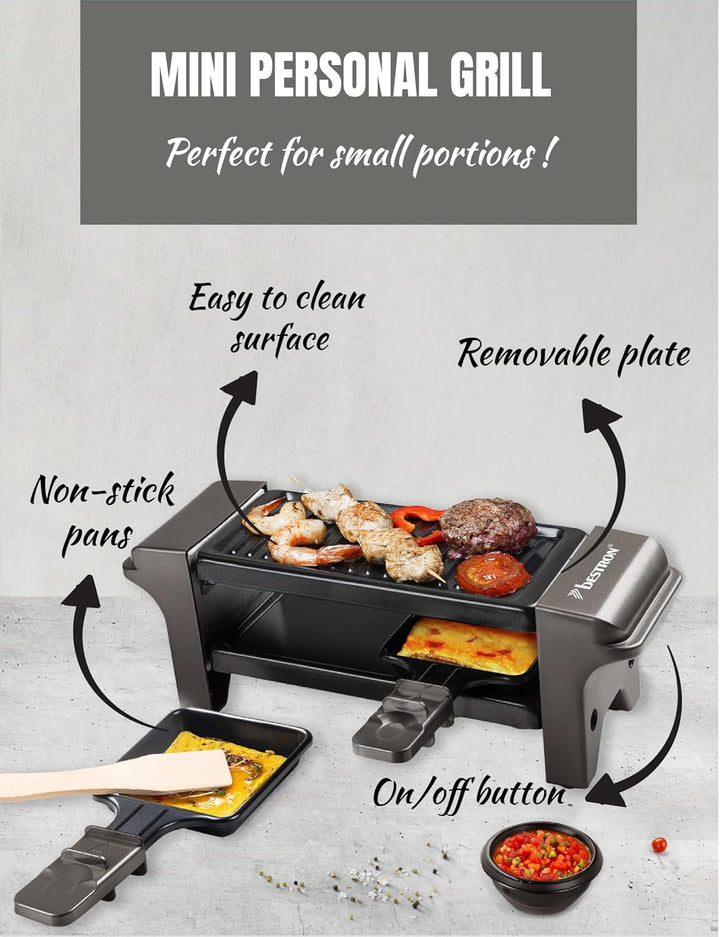 Bestron Raclette für 1 bis 2 Personen, Mini Tischgrill mit zwei Pfännchen, zwei Holzschabern &amp; zwei