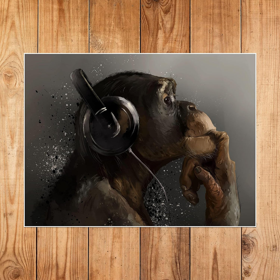 wandmotiv24 Poster als Wanddeko, Grösse 80x60cm, AFFE mit Kopfhörer, Headset, Musik, Tiere, Affen, M