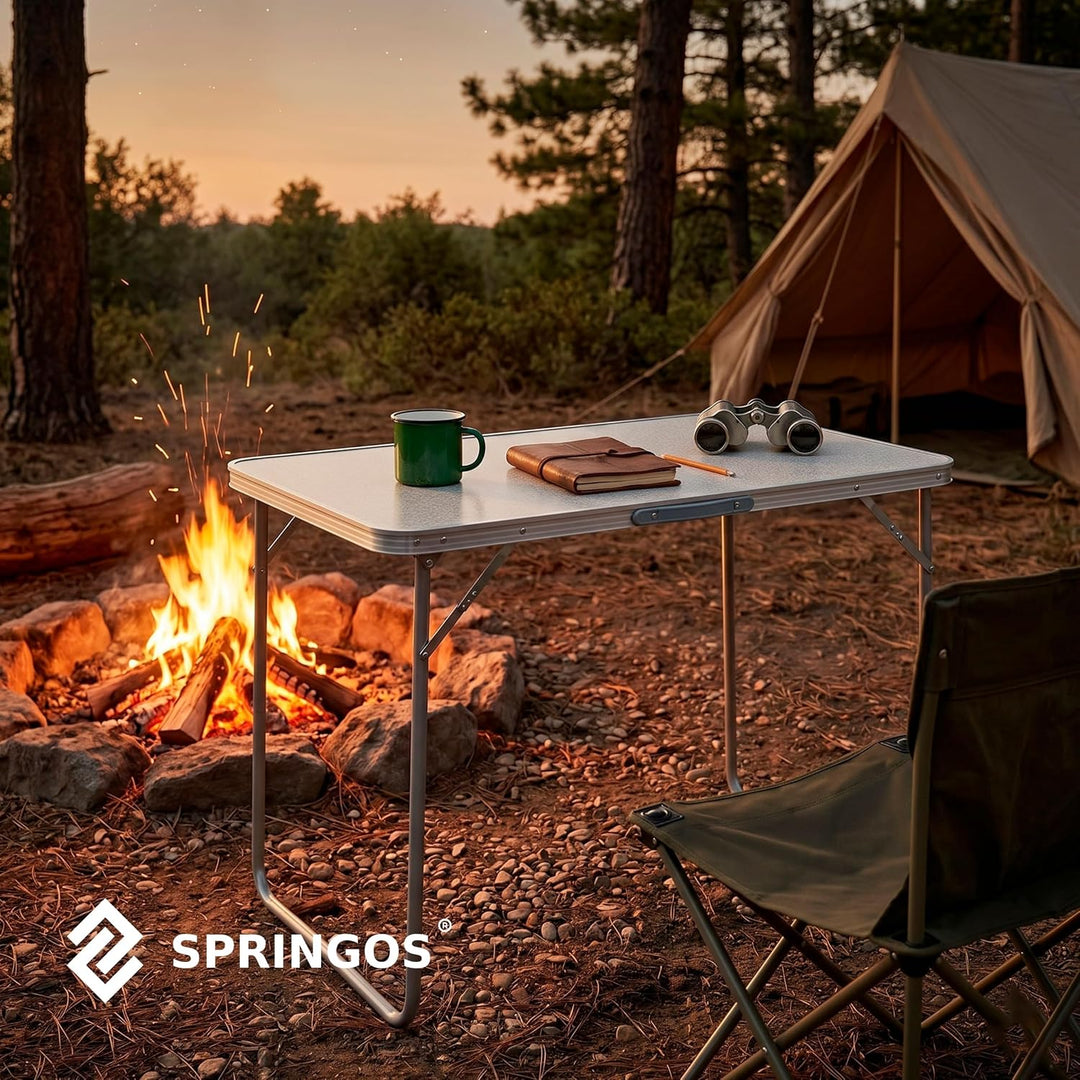 SPRINGOS Faltbarer Campingtisch 90x60x70 cm Aluminiumrahmen MDF Tischplatte Transportgriff Klappbar