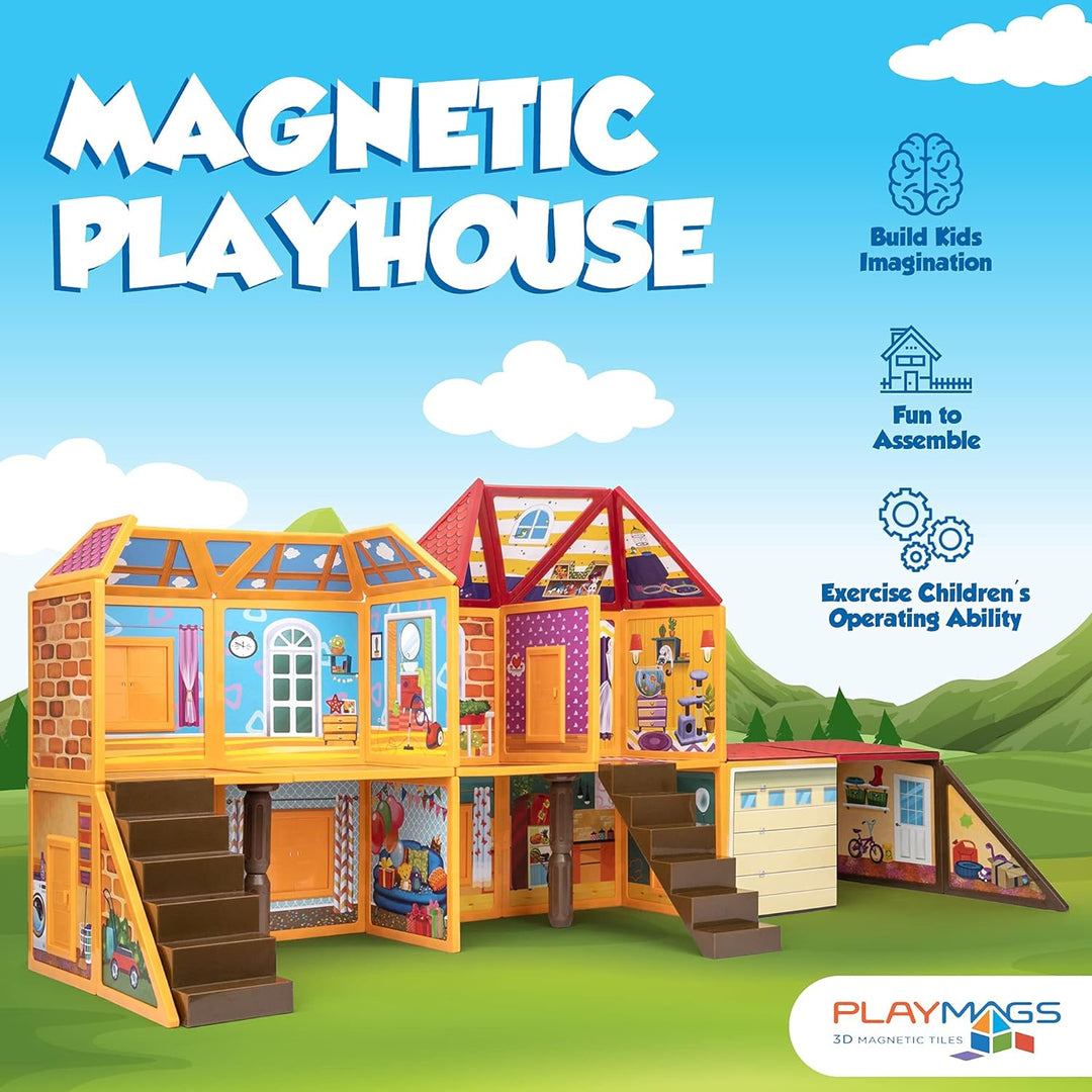 Playmags Magnetisches Bauspielzeug, Spielhaus-Bauset, 48 Magnetfliesen, Spielen und Bauen Sie kleine