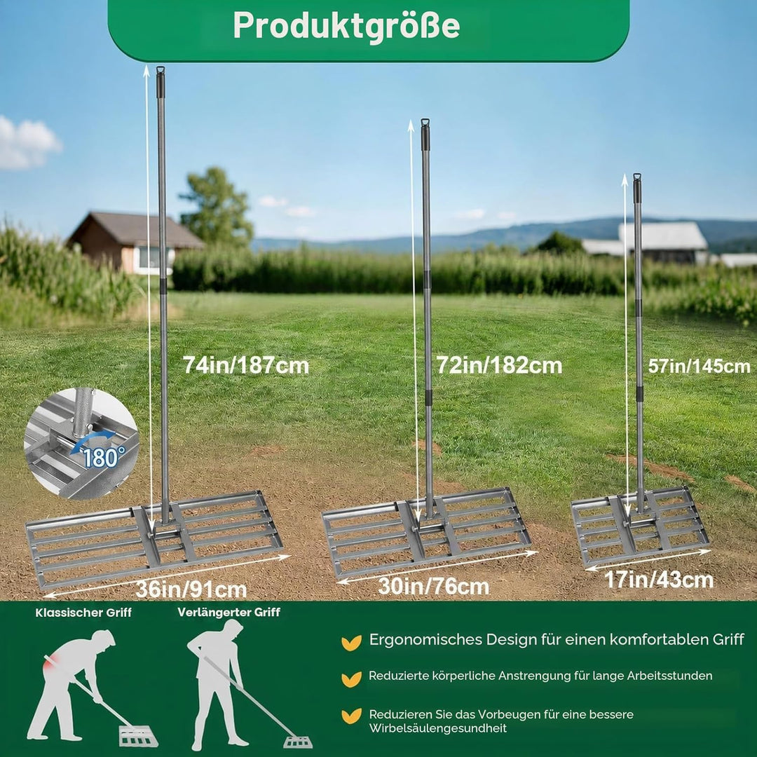 Rasenrakel 43x26 cm Schwerlast, Rasen Nivellierrechen mit glatter Kante und langem Griff, vollversch