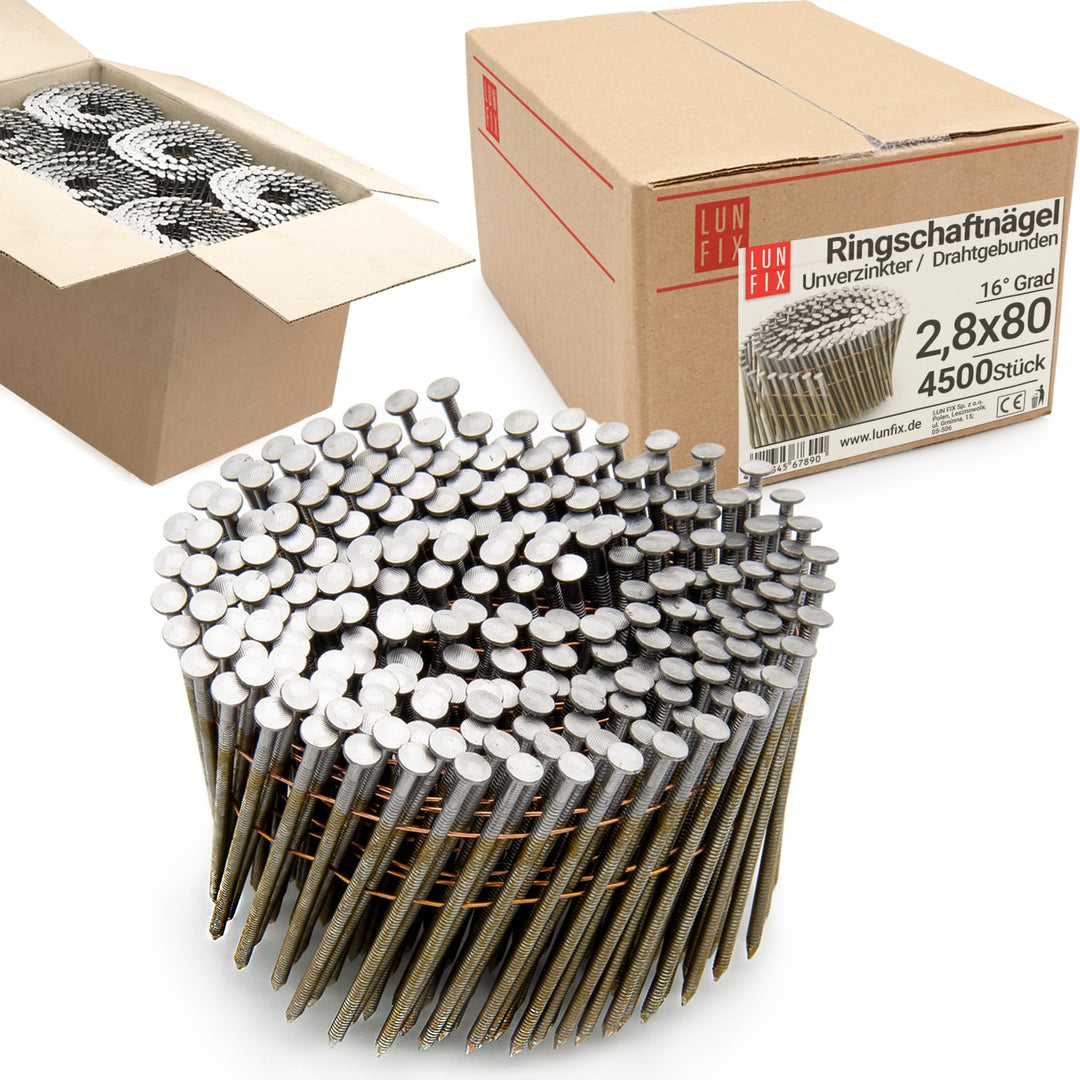 4500 Stk. 16° Coilnägel Ringschaft 2,8x80 mm aus Stahl unverzinkt, drahtgebunden auf Spule – für Nag