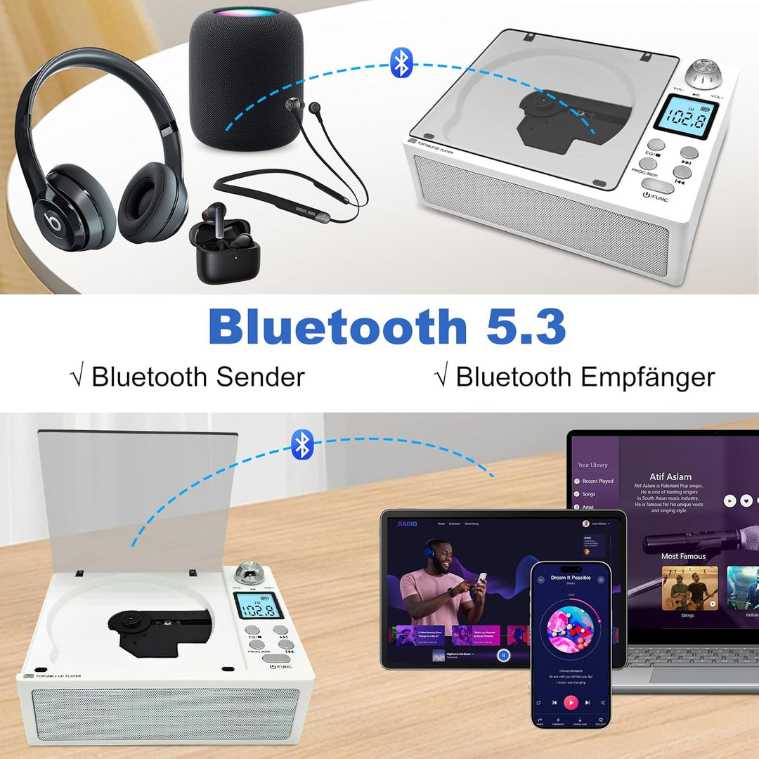 Tragbarer CD-Player mit Bluetooth 5.3 Sender & Empfänger, 4000mAh Akku, HiFi-Sound, USB/TF/AUX, LED-