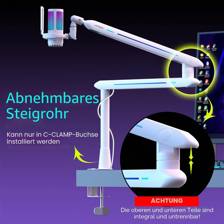 IXTECH RGB Low Profile Galgenarm für Mikrofon, verstellbarer Mikrofonarmständer mit Tischhalterungsk